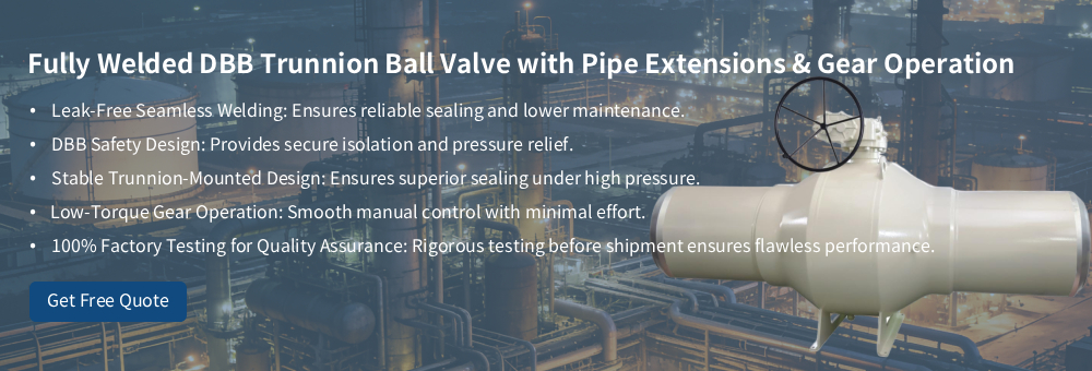 Fully Welded DBB Trunnion Ball Valve with Pipe Extensions & Gear Operation Válvula de bola de muñón DBB completamente soldada con extensiones de tubería y operación de engranajes